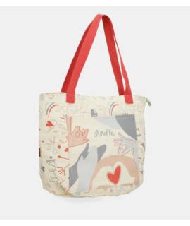 Bolso de playa multicolor con asas rojas
