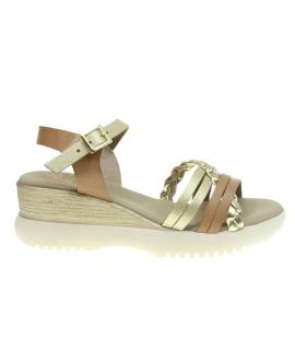 Sandalia de cuña combinada en taupe y oro
