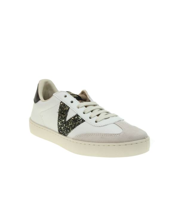 Sneakers retro con V en glitter y lengueta en animal print