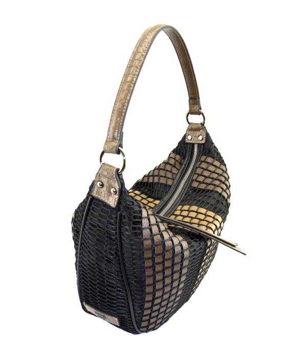 Bolso de hombro combinado a rayas y con rejilla negra exterior